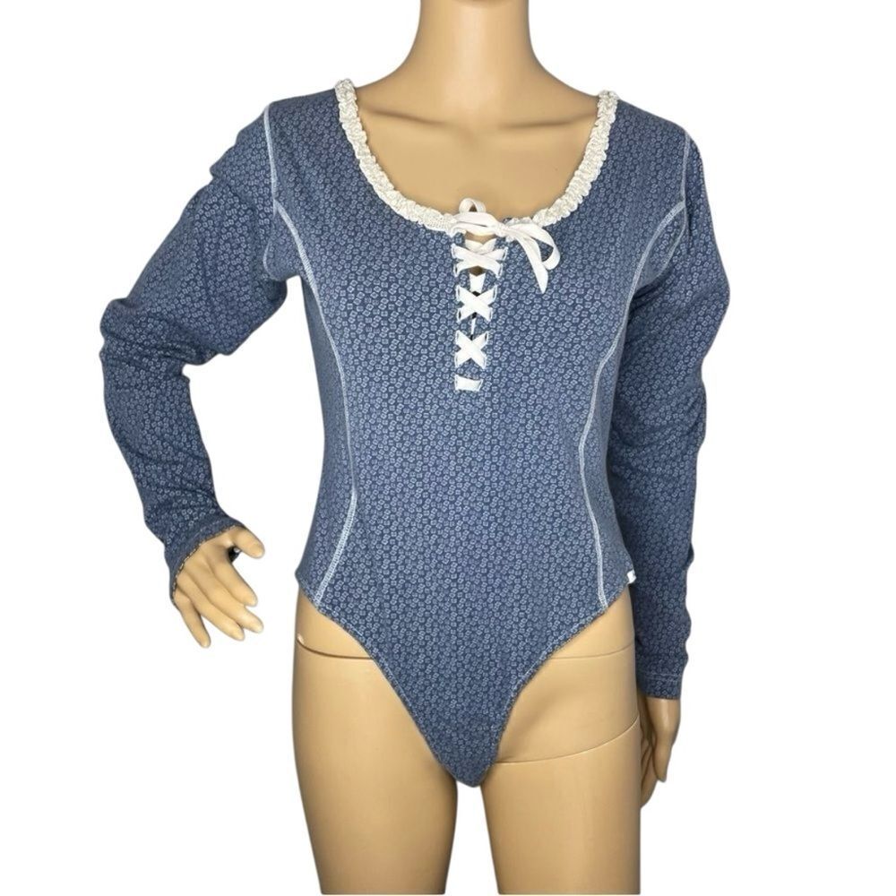 Vintage Pepe Jeans Bodysuit Floral Blue Cream Corset and Lace Detail Size Large